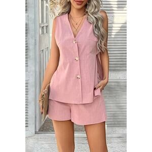 Supreme Fashion Two Piece Short Set Women Large Pink Button V Neck Casual NWT
